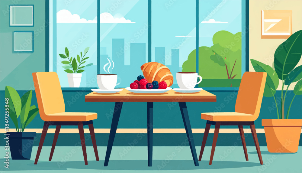 Obraz premium Cozy breakfast scene with croissant, berries, coffee, and plants by the window in a bright room
