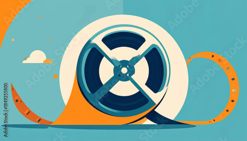 Flat graphic illustration of a film reel on a light blue background with orange film trailing
