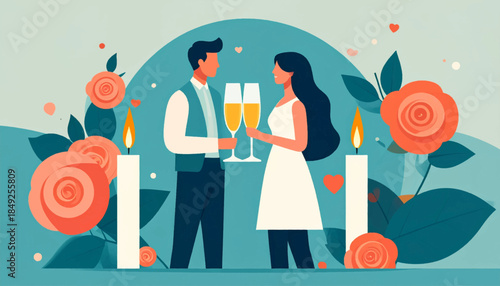 Couple toasting champagne surrounded by roses and candles in a romantic celebration scene