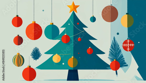 Flat graphic of a Christmas tree with ornaments in various colors against a simple background of pale blues and whites