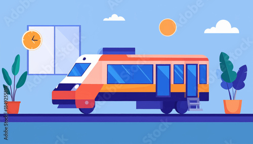 Cartoon train sits near a window, plants, sun and clouds on a light blue backdrop