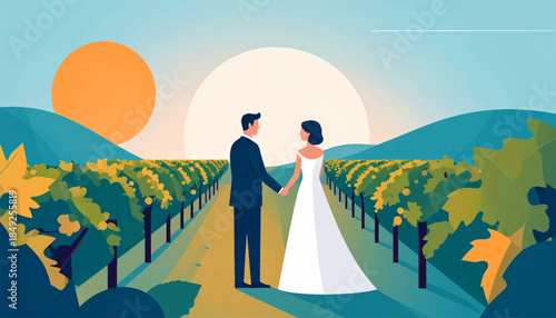 Couple walking in a vineyard during sunset, vector style illustration