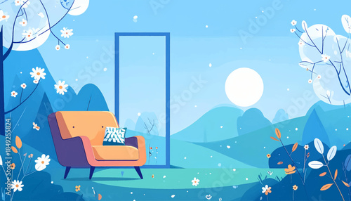 Cozy armchair in a serene, minimalist landscape under a large moon and blooming trees, soft blues and inviting warmth