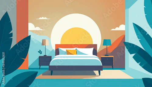 Cozy bedroom illustration with a large bed, nightstands, and tropical plants in a flat, graphic style
