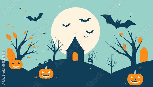 Flat Halloween scene with smiling pumpkins, bats, trees, church and a large moon on a teal background