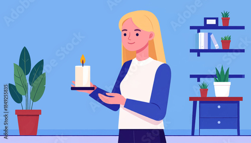 Cartoon woman holding a lit candle in a bright room with plants and a desk