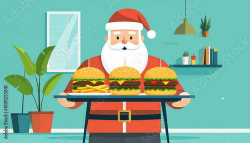 Flat illustration of Santa holding a tray with three burgers in a stylized teal room with plants and a window
