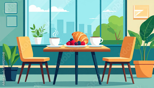 Cozy breakfast scene with croissant, berries, coffee, and plants by the window in a bright room
