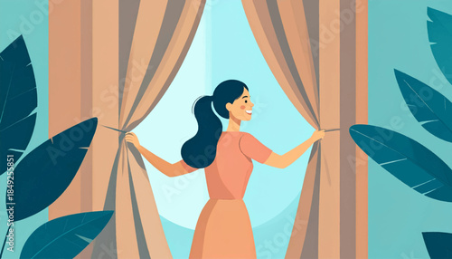Cartoon woman opening curtains, revealing blue sky, surrounded by stylized leaves