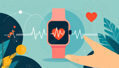 Digital art of a pink smartwatch displaying heart rate, surrounded by nature motifs and a hand