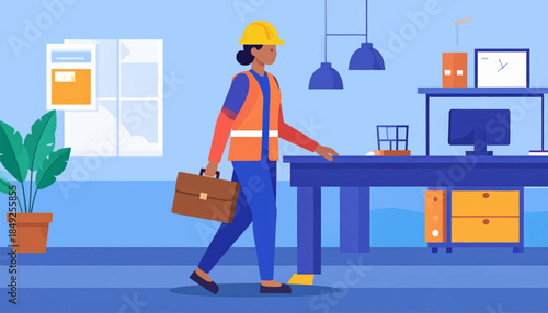 Cartoon woman with hard hat and briefcase walks through a stylized blue office setting