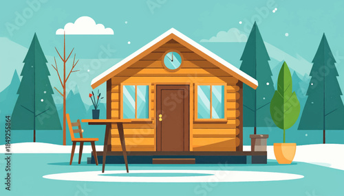 Cozy cabin in snowy woods, trees behind, table and chair in front, winter wonderland setting, simple art style
