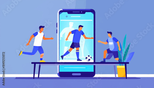 Flat illustration of soccer players on a table in front of a large phone screen with another player