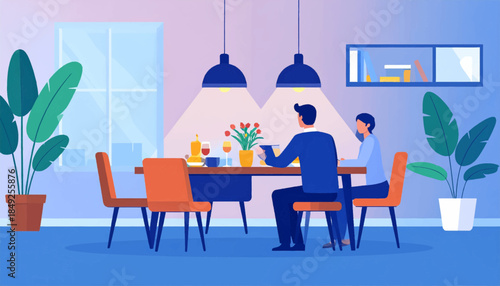 Flat illustration couple dining in room with plants, window, table with food and drinks