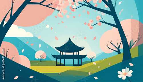 Digital art pagoda silhouette framed by blossom trees with falling petals on a serene landscape