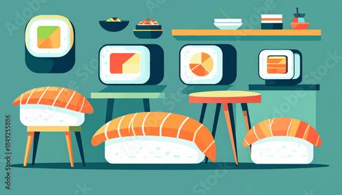 Flat illustration of sushi arranged on tables and shelves against a teal backdrop