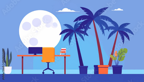 Flat illustration desk and palms with moon, indoor scene with a tropical outdoor feel, blue hues