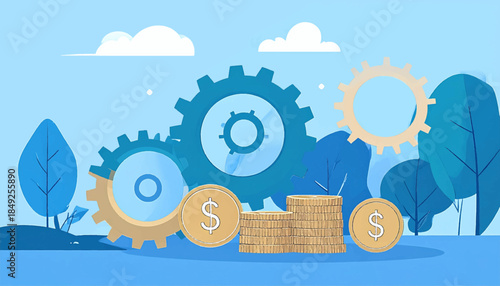 Flat illustration depicting coins, gears, trees and clouds on a blue background