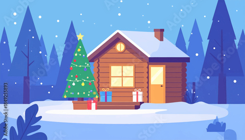 Cozy cabin scene A wintery cabin with a decorated Christmas tree and gifts in a snowy, forest landscape