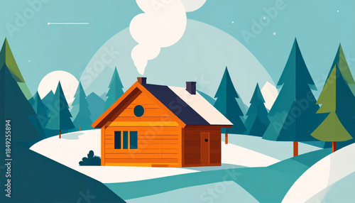 Cozy cabin scene A simple wood cabin nestled in a winter landscape with pine trees and snowy hills