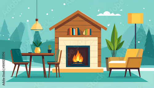 Cozy cabin interior with warm fireplace, dining set, armchair, & snowy winter scene visible through stylized windows
