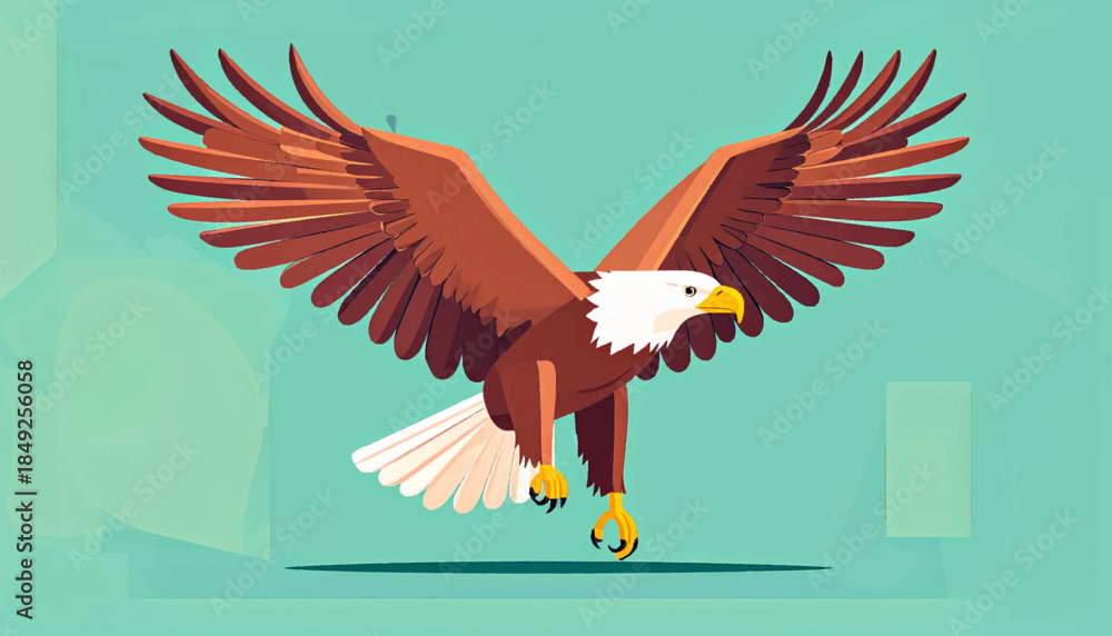 Obraz premium Cartoonish eagle with spread wings, facing forward against a teal backdrop in digital art style