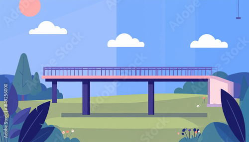 Flat illustration of a bridge spanning a meadow, with trees, flowers, and a pink sun in a blue sky