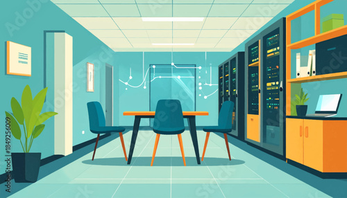 Cartoonish data center office with table, chairs, servers, plant, and light network diagram on the wall