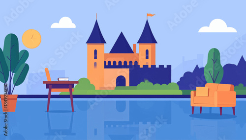 Flat illustration of a castle reflected in water, alongside home furniture and plants on the left and right