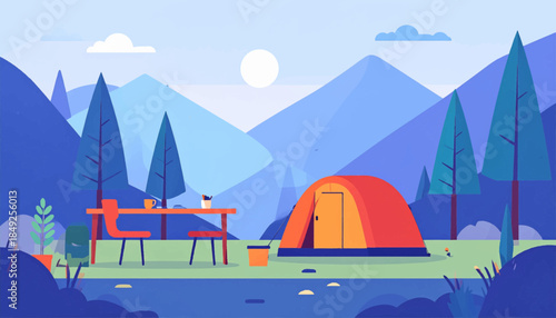 Flat illustration of a camping scene with an orange tent and table, surrounded by trees and mountains