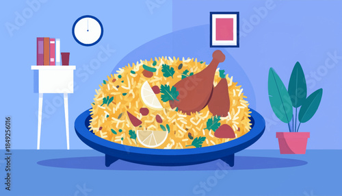 Flat illustration of a chicken biryani dish with lemon, herbs, and other items in a blue-toned room
