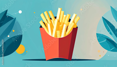 Digital illustration of fries in a red carton, with geometric botanical backdrop in various shades of blue
