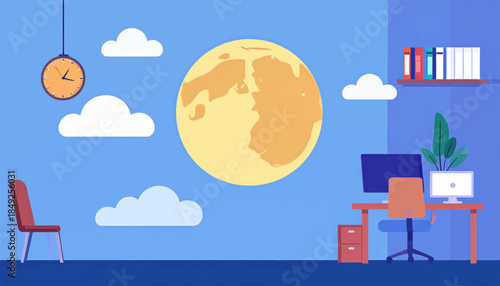 Flat illustration room with desk, chair, computers, books, wall clock, clouds, and a large yellow moon