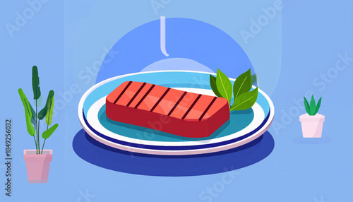 Digital illustration of grilled meat on a plate with leafy garnish and potted plants against a blue background