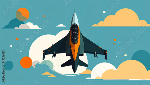 Flat illustration of a fighter jet in mid-flight with clouds and circles against a blue background