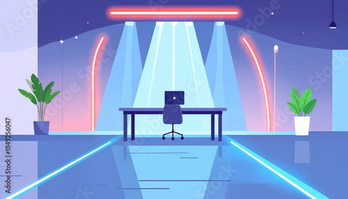 Digital office illustration with desk, chair, plants and neon lights, in blue and red hues, minimalist design