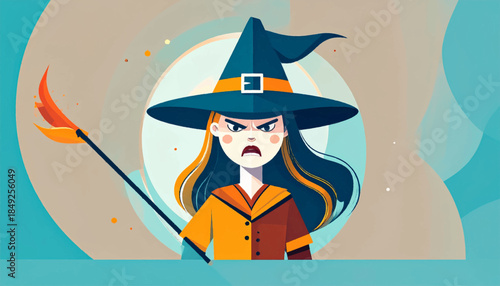 Cartoon witch in a wide-brimmed hat holds a fiery wand, looking cross against a pastel abstract background