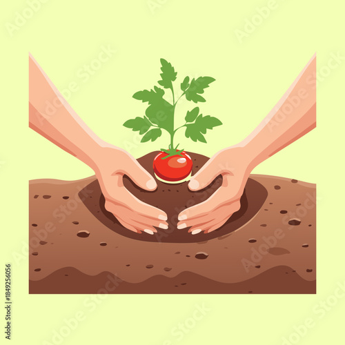 Close up of hands planting a small tomato plants in rich soil