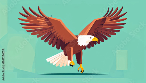Cartoonish eagle with spread wings, facing forward against a teal backdrop in digital art style