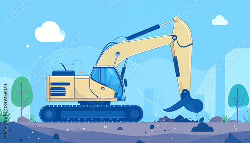 Cartoonish excavator in a stylized landscape, with blue sky and puffy clouds in background