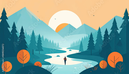 Flat illustration of a hiker walking by a river in a mountainous landscape during sunrise or sunset