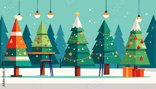 Flat illustration with Christmas trees, decorations, snow, hanging lights in muted green, orange, and blue hues