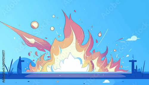 Cartoonish fire blazes in a stylized scene against a blue sky, with abstract elements and minimalist landscape shapes