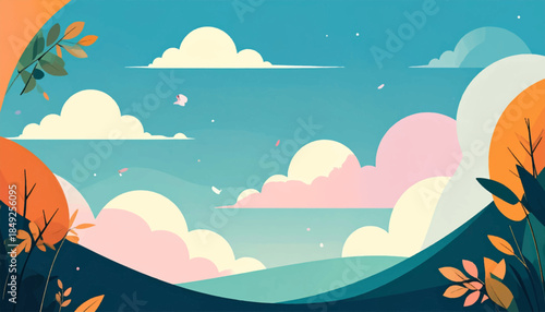 Flat illustration of a landscape with trees, hills, and sky in muted shades of pink, orange, blue, and green