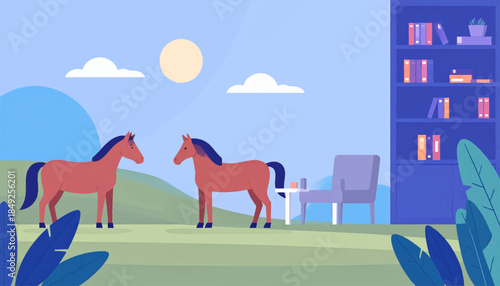 Cartoonish illustration of two horses standing on a grassy hill with chair and bookshelf, under a sunny sky
