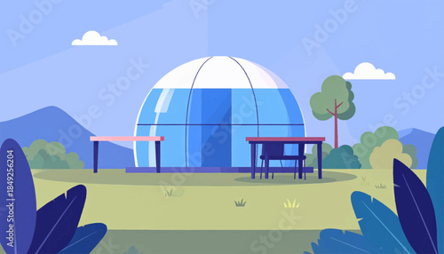 Flat, serene cartoon scene with a geodesic dome, tables, leafy foliage, blue sky and background mountains