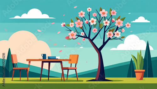 Flat, simplified cartoon scene of table with books and mug, 2 chairs, and flowering tree, nature backdrop