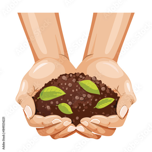 Cupped Hands Holding Dark Rich Earth and Young Sprouting Green Garden Plants