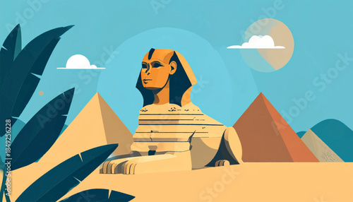 Flat, stylized art of the Sphinx with pyramids and foliage against a light blue sky and subtle sunshine