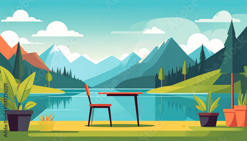 Flat, scenic landscape with a chair, table, distant mountains, trees, lake, potted plants, and cloudy sky